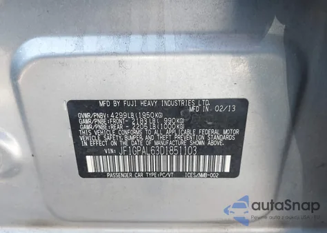 2013 Subaru Impreza 2.0I Sport Premium from USA, damaged, VIN JF1GPAL63D1851103